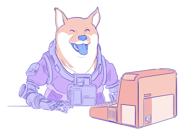 Ilustração de um Doge usando um computador.