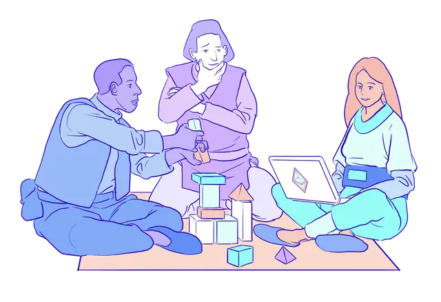 Illustration einer Gruppe zusammenarbeitender Konstrukteure.