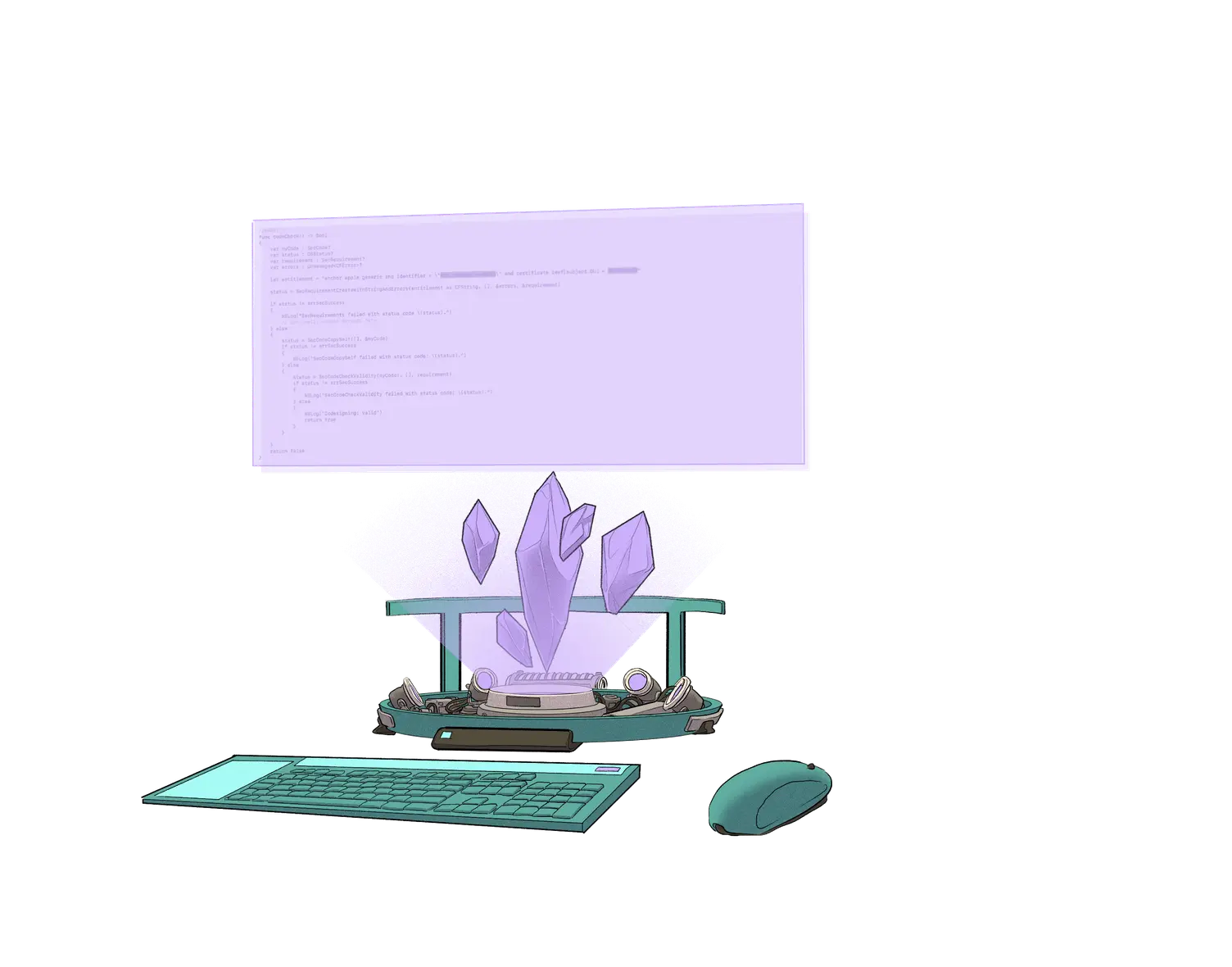 Ilustração de um computador futurista, alimentado por cristais Ethereum.