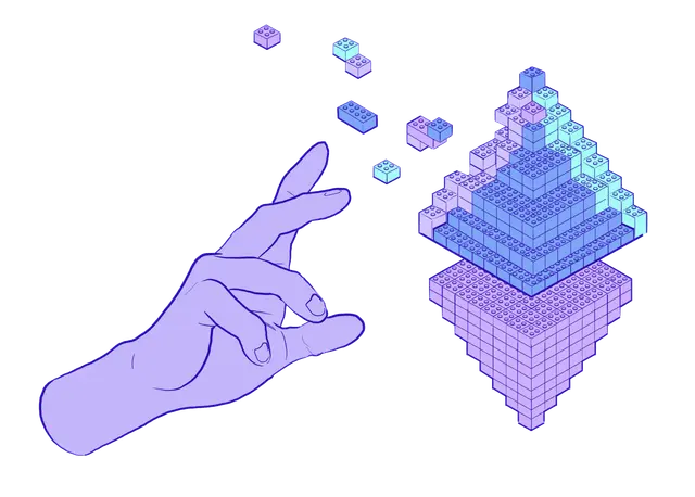 Ilustracja przedstawiająca dłoń tworzącą symbol ETH z klocków lego.