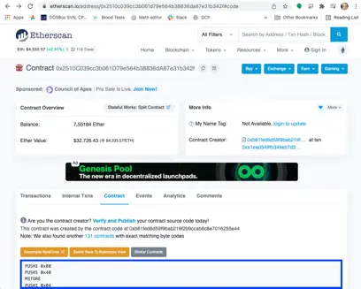 Visualização de código de operação do Etherscan
