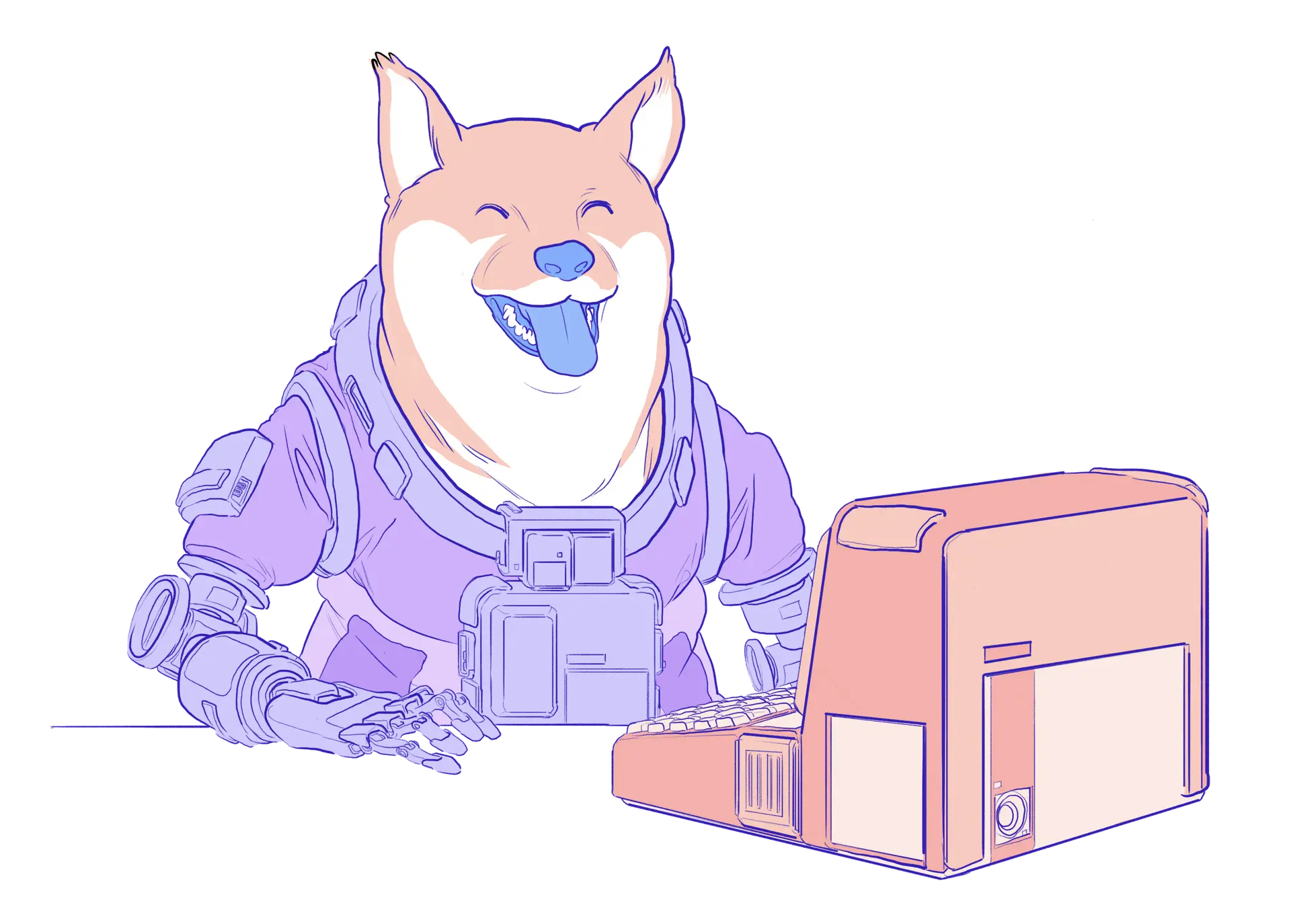 Ilustración de un doge usando un ordenador