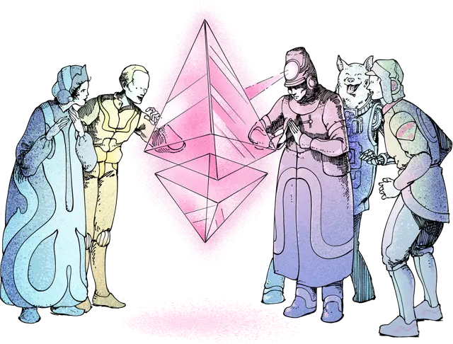 Illustration of a group of people marvelling at an ether (ETH) glyph in awe.