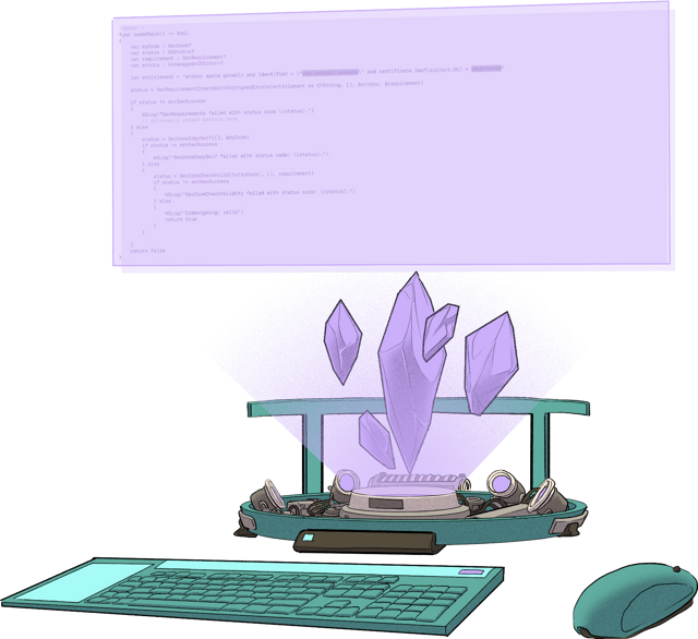 Illustration of a doge using a computer.