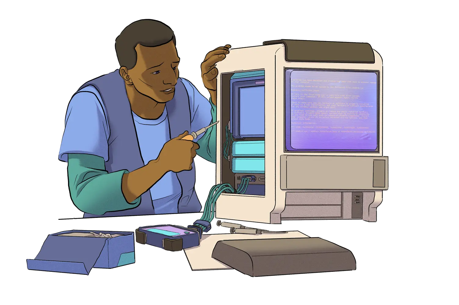 컴퓨터로 작업 중인 사람의 그림.