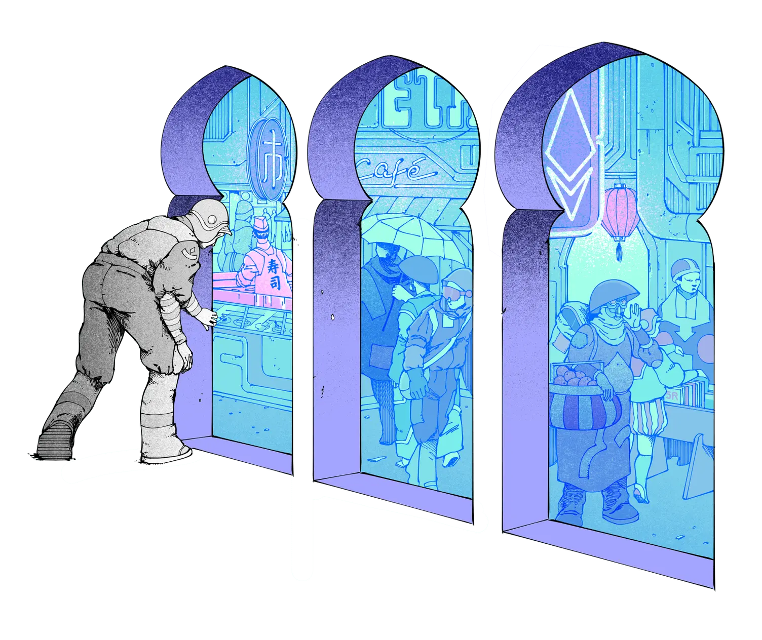 Illustration of a person peering into a bazaar, meant to represent Ethereum.