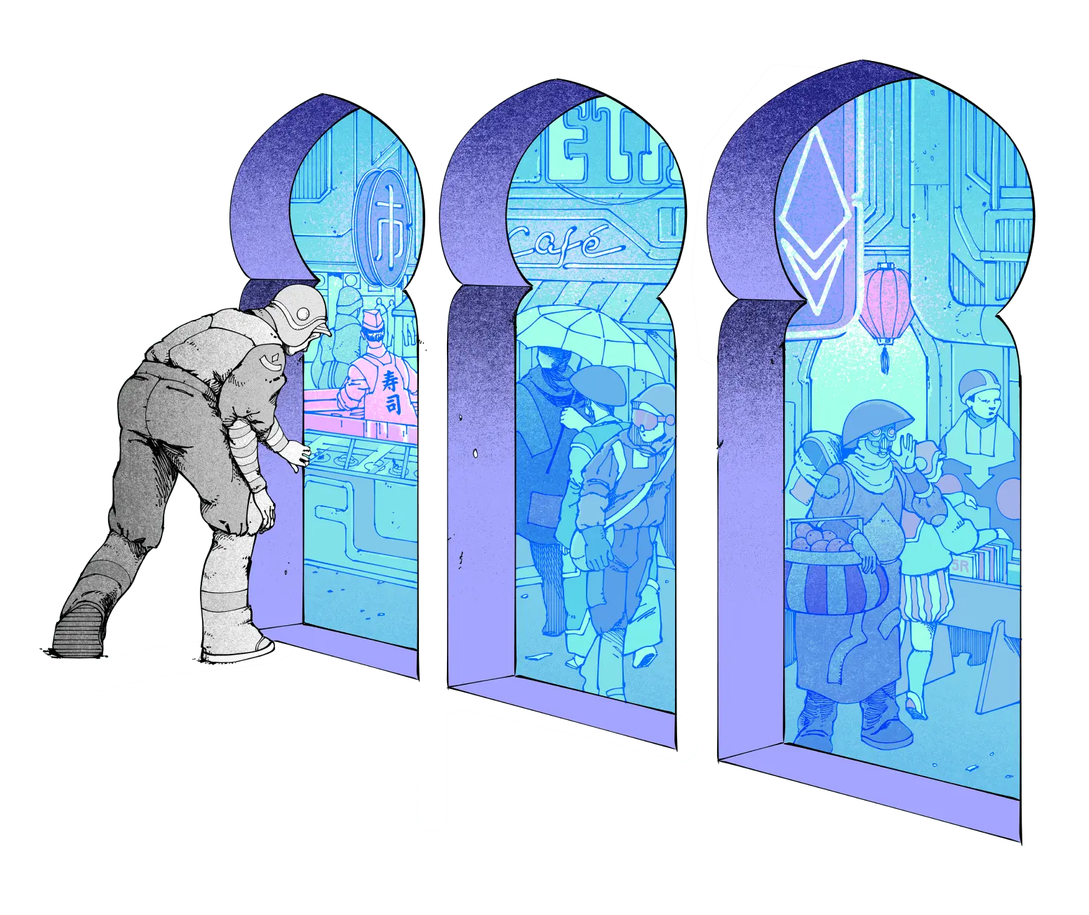 Illustration of a person peering into a bazaar, meant to represent Ethereum