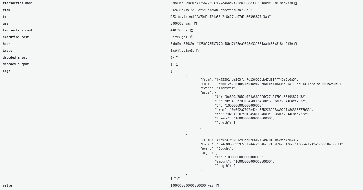 Дві події в транзакції: Transfer і Bought