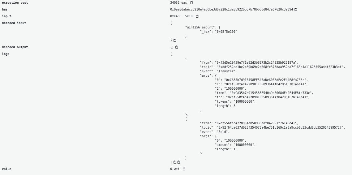 Дві події в транзакції: Transfer і Sold