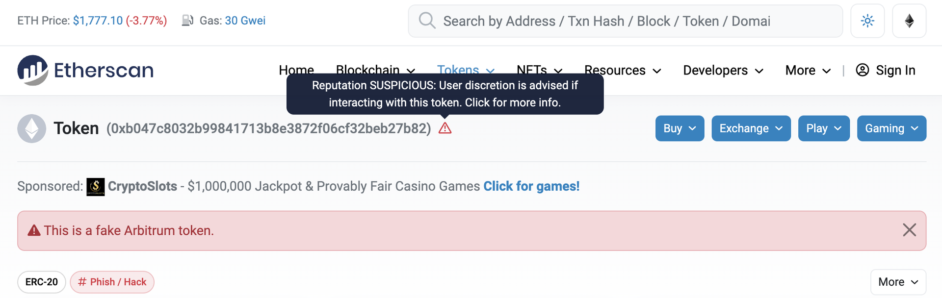 Scam token in Etherscan