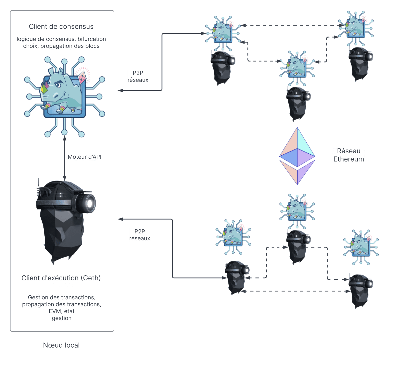 Schéma de l'architecture des nœuds Ethereum montrant les couches d'exécution et de consensus